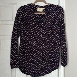 Maeve by Anthropologie Navy Button Blouse Polka Dots Roll Tab Sleeves Work Small